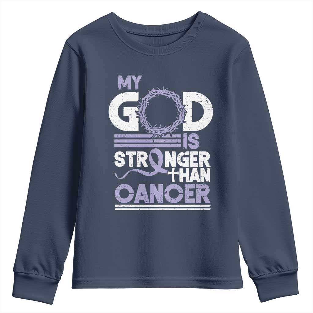 All Cancer Awareness Youth Sweatshirt My God Is Stronger Than Cancer Lavender Ribbon