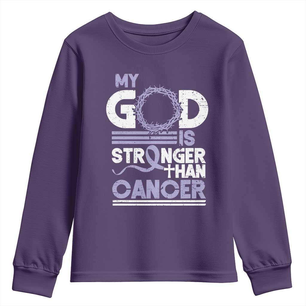 All Cancer Awareness Youth Sweatshirt My God Is Stronger Than Cancer Lavender Ribbon