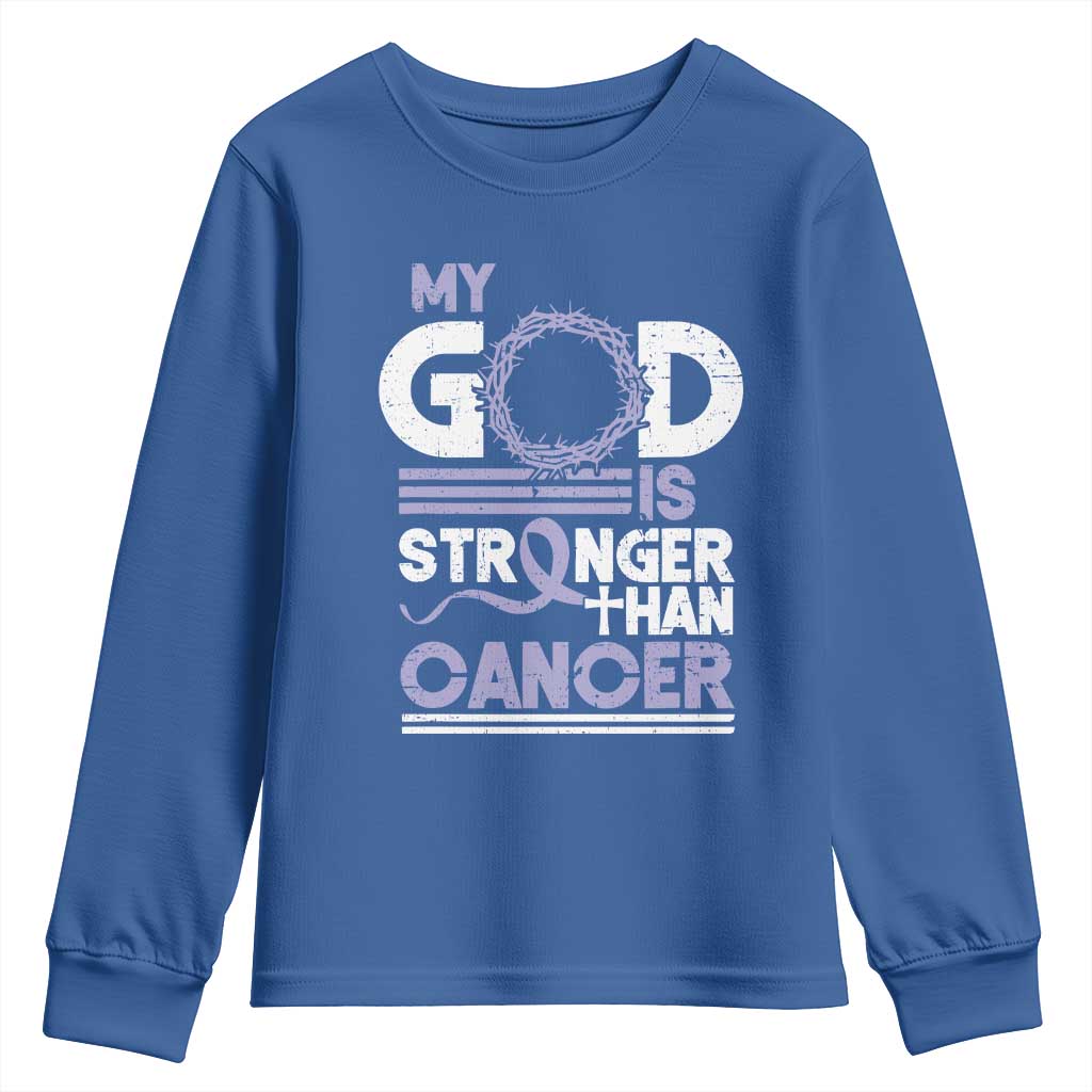 All Cancer Awareness Youth Sweatshirt My God Is Stronger Than Cancer Lavender Ribbon