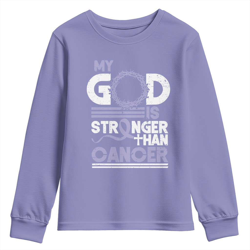 All Cancer Awareness Youth Sweatshirt My God Is Stronger Than Cancer Lavender Ribbon