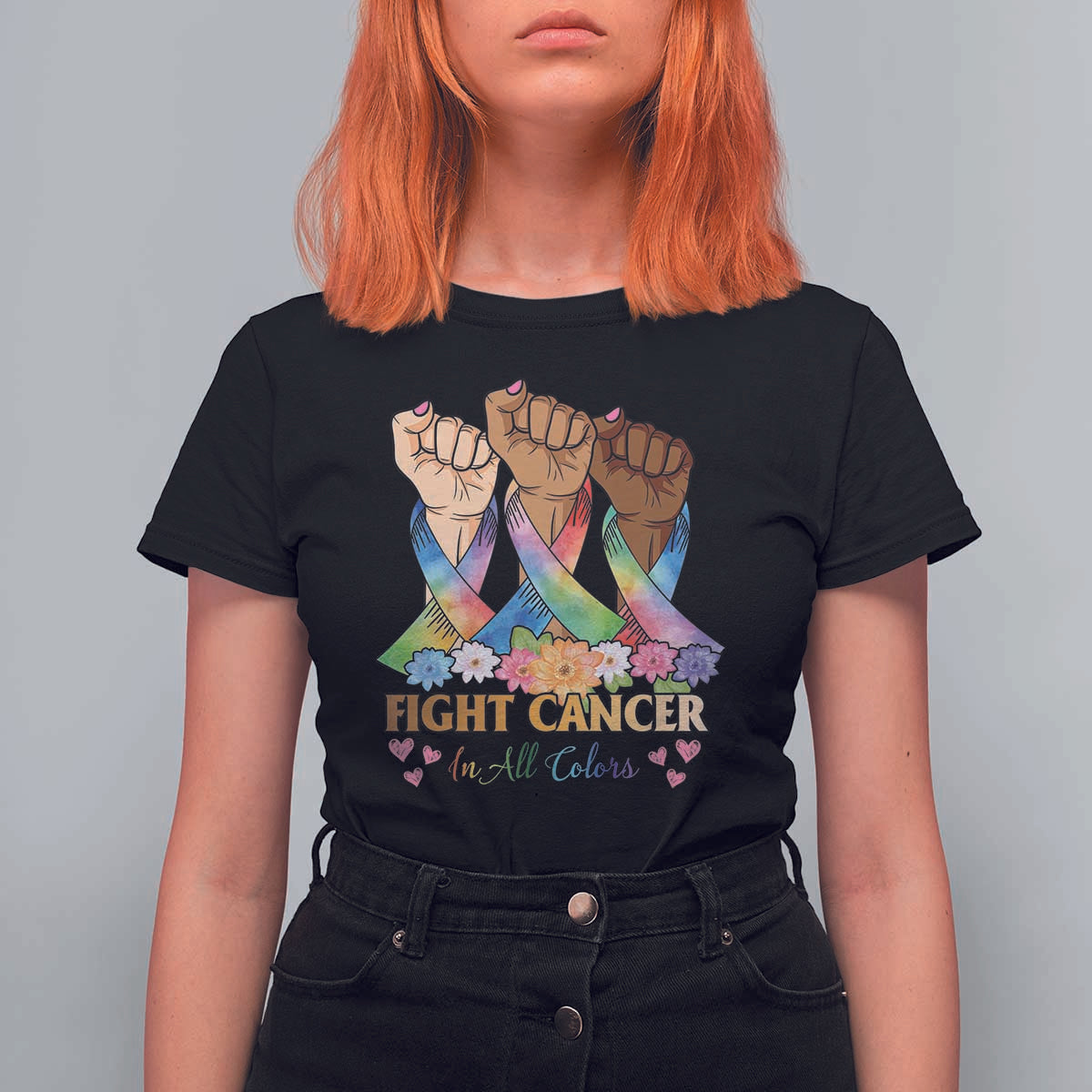 Funny All Cancer Awareness T Shirt For Women Fight Cancer In All Colors Colorful Ribbon