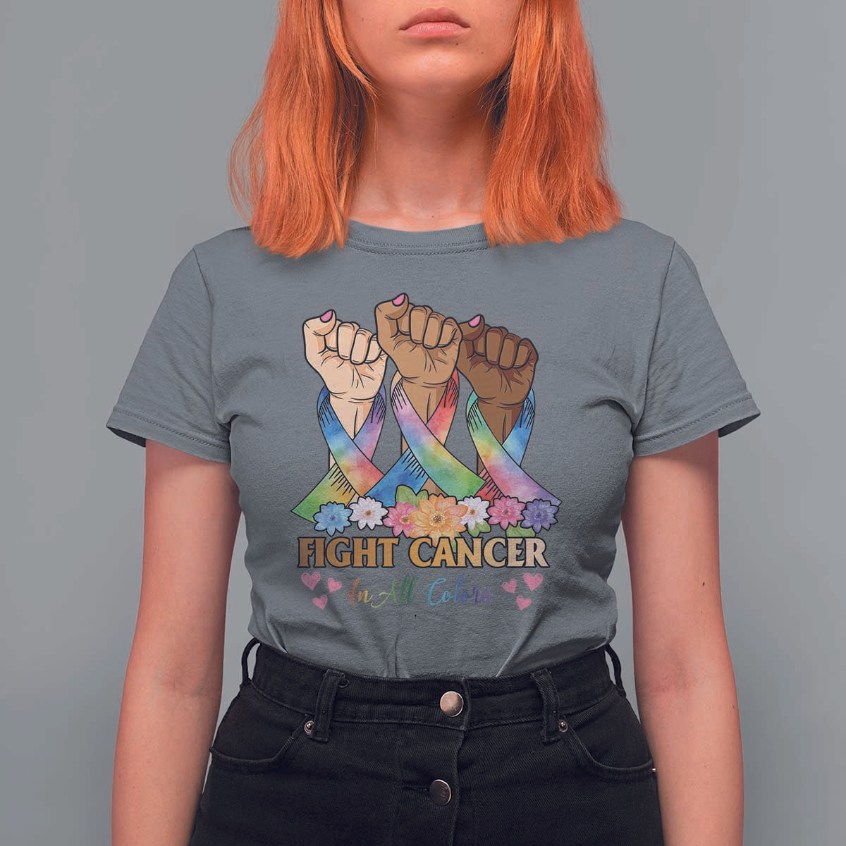Funny All Cancer Awareness T Shirt For Women Fight Cancer In All Colors Colorful Ribbon