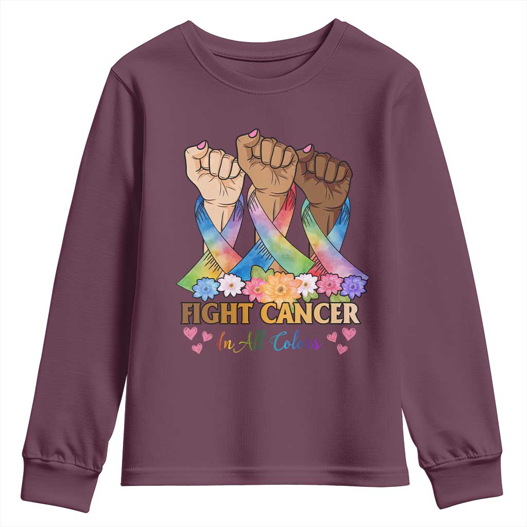 Funny All Cancer Awareness Youth Sweatshirt Fight Cancer In All Colors Colorful Ribbon