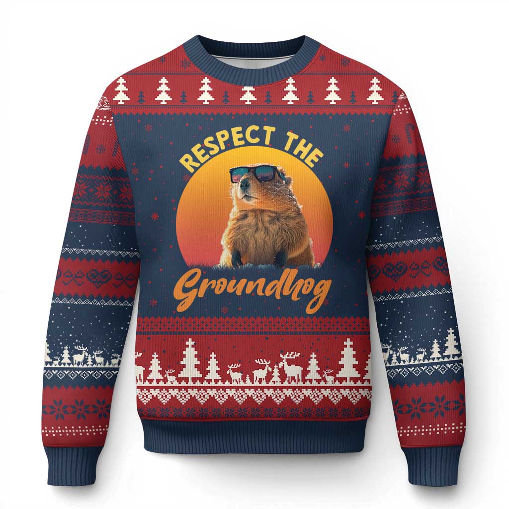 Funny Groundhog Day Ugly Christmas Sweater Respect The Groundhog Woodchuck - Wonder Print Shop