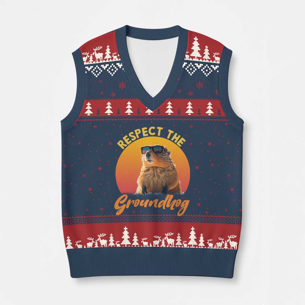 Funny Groundhog Day V-Neck Knit Sweater Vest Respect The Groundhog Woodchuck - Wonder Print Shop