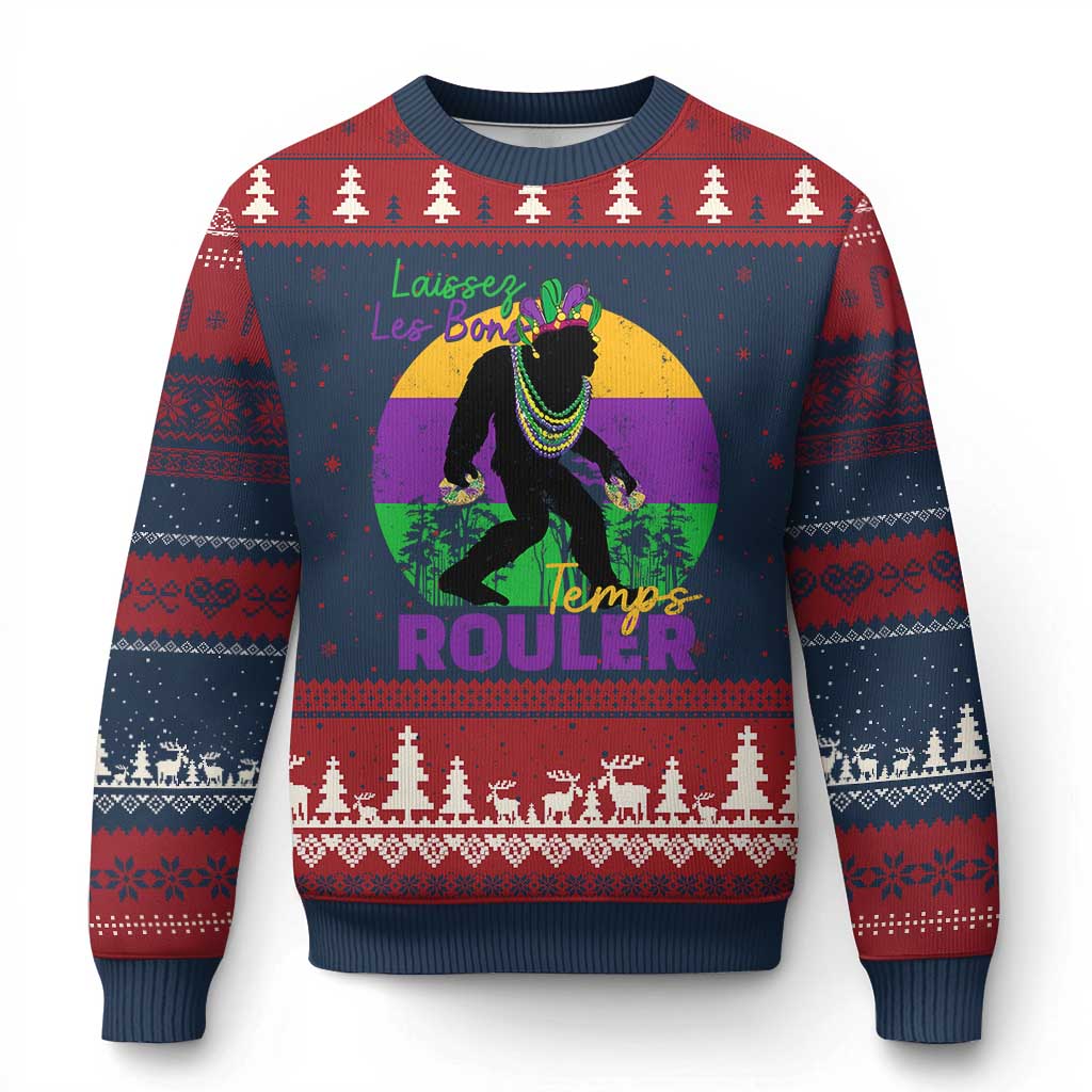 Funny Bigfoot Mardi Gras Ugly Christmas Sweater Laissez Les Bons Temps Rouler Bald Cypress