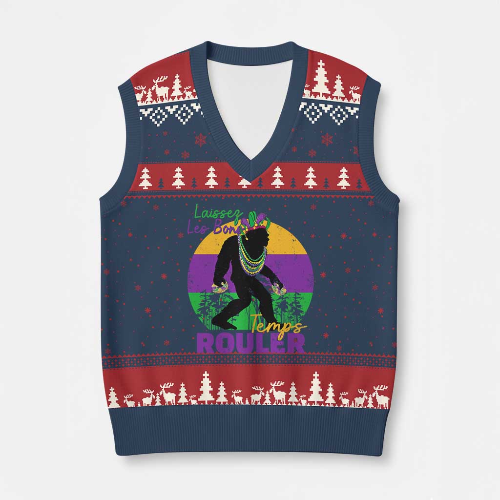 Funny Bigfoot Mardi Gras V-Neck Knit Sweater Vest Laissez Les Bons Temps Rouler Bald Cypress