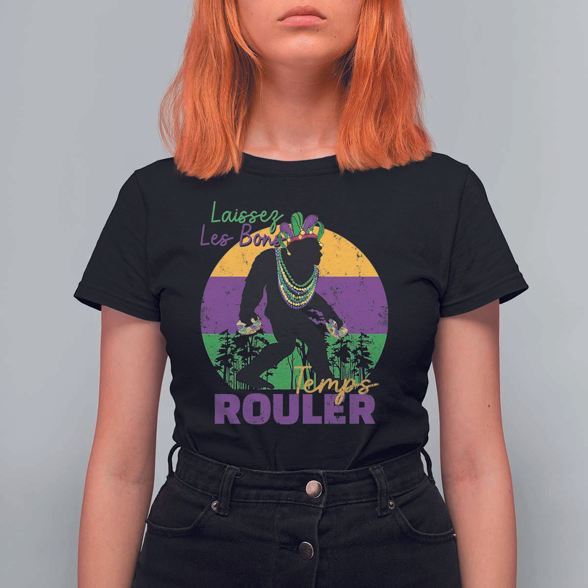 Funny Bigfoot Mardi Gras T Shirt For Women Laissez Les Bons Temps Rouler Bald Cypress