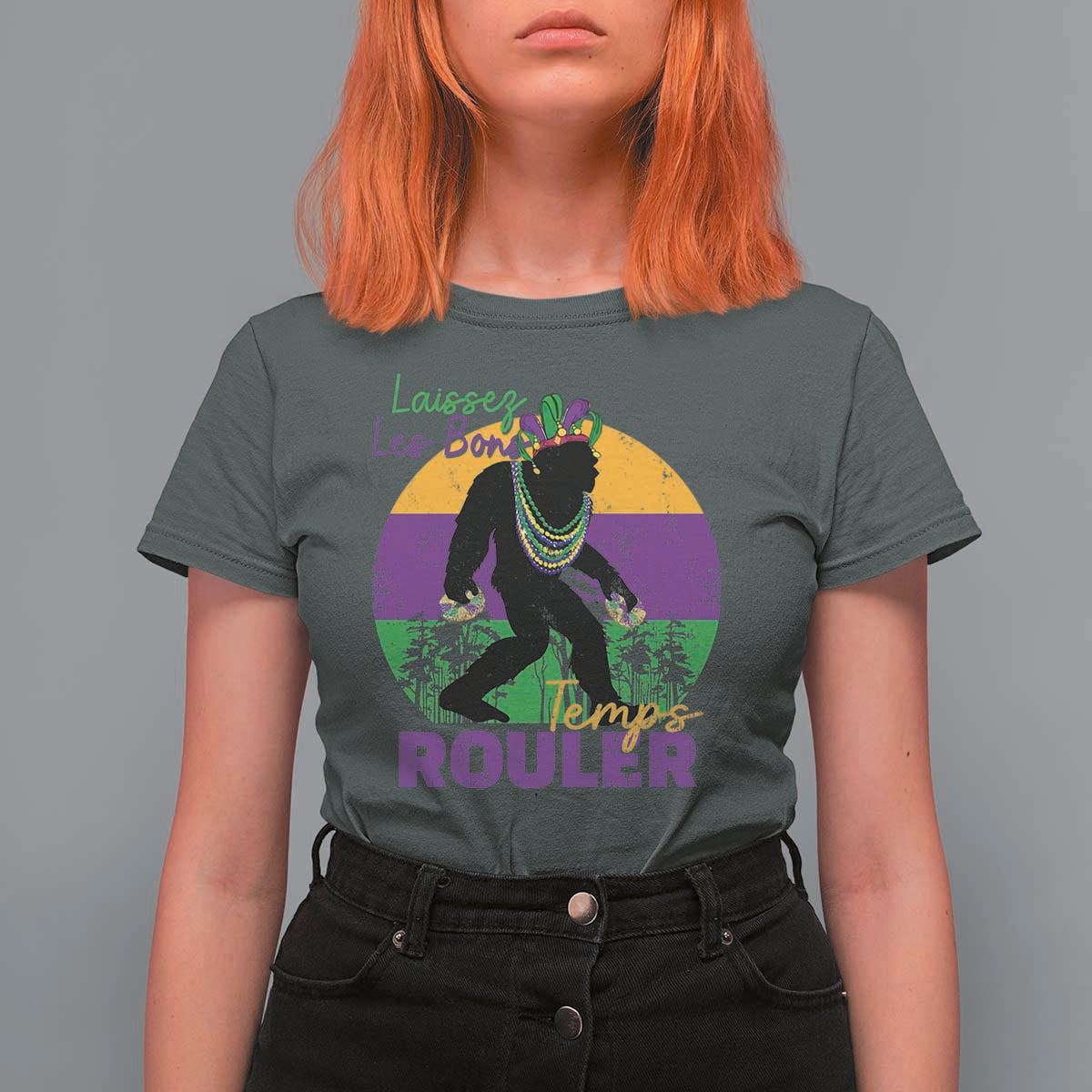 Funny Bigfoot Mardi Gras T Shirt For Women Laissez Les Bons Temps Rouler Bald Cypress