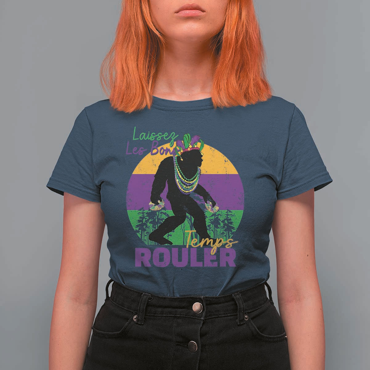 Funny Bigfoot Mardi Gras T Shirt For Women Laissez Les Bons Temps Rouler Bald Cypress