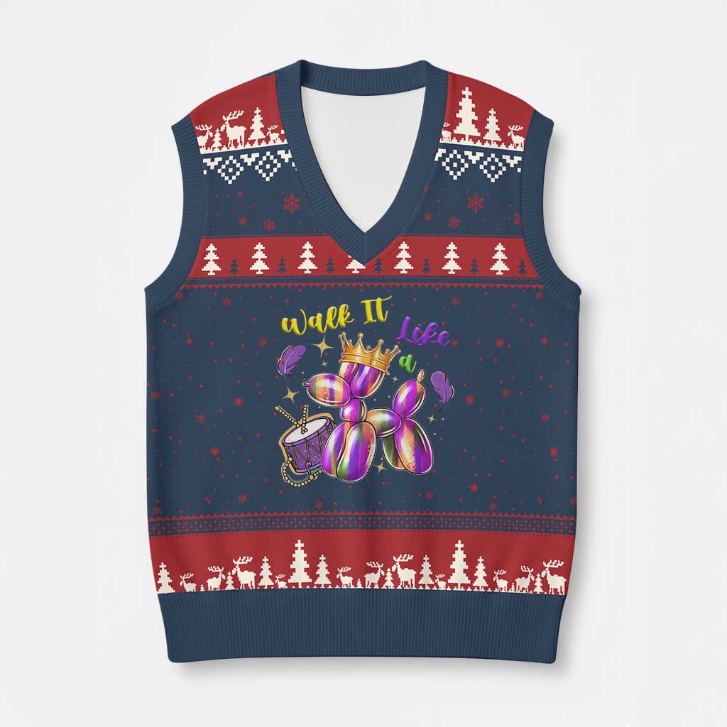 Funny Mardi Gras V-Neck Knit Sweater Vest Walk It Like A Dog Balloon New Orleans