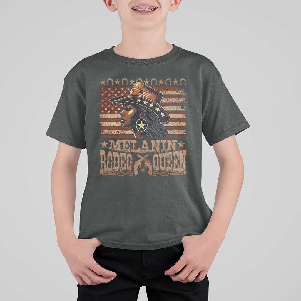 Melanin Rodeo Queen T Shirt For Kid Black Cowgirl Vintage American Flag
