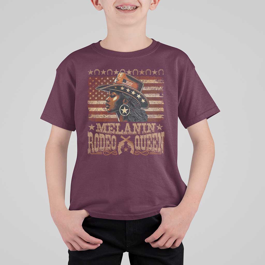 Melanin Rodeo Queen T Shirt For Kid Black Cowgirl Vintage American Flag