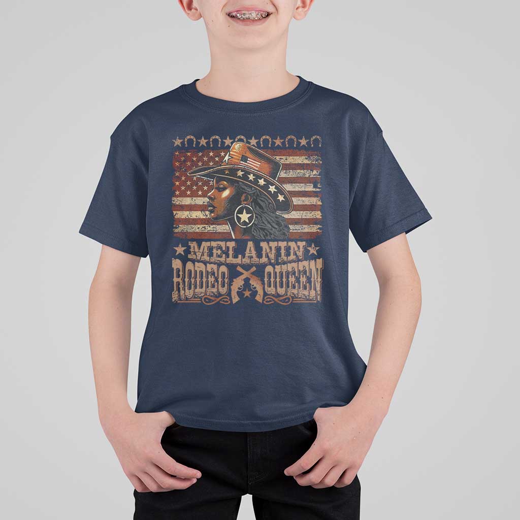 Melanin Rodeo Queen T Shirt For Kid Black Cowgirl Vintage American Flag