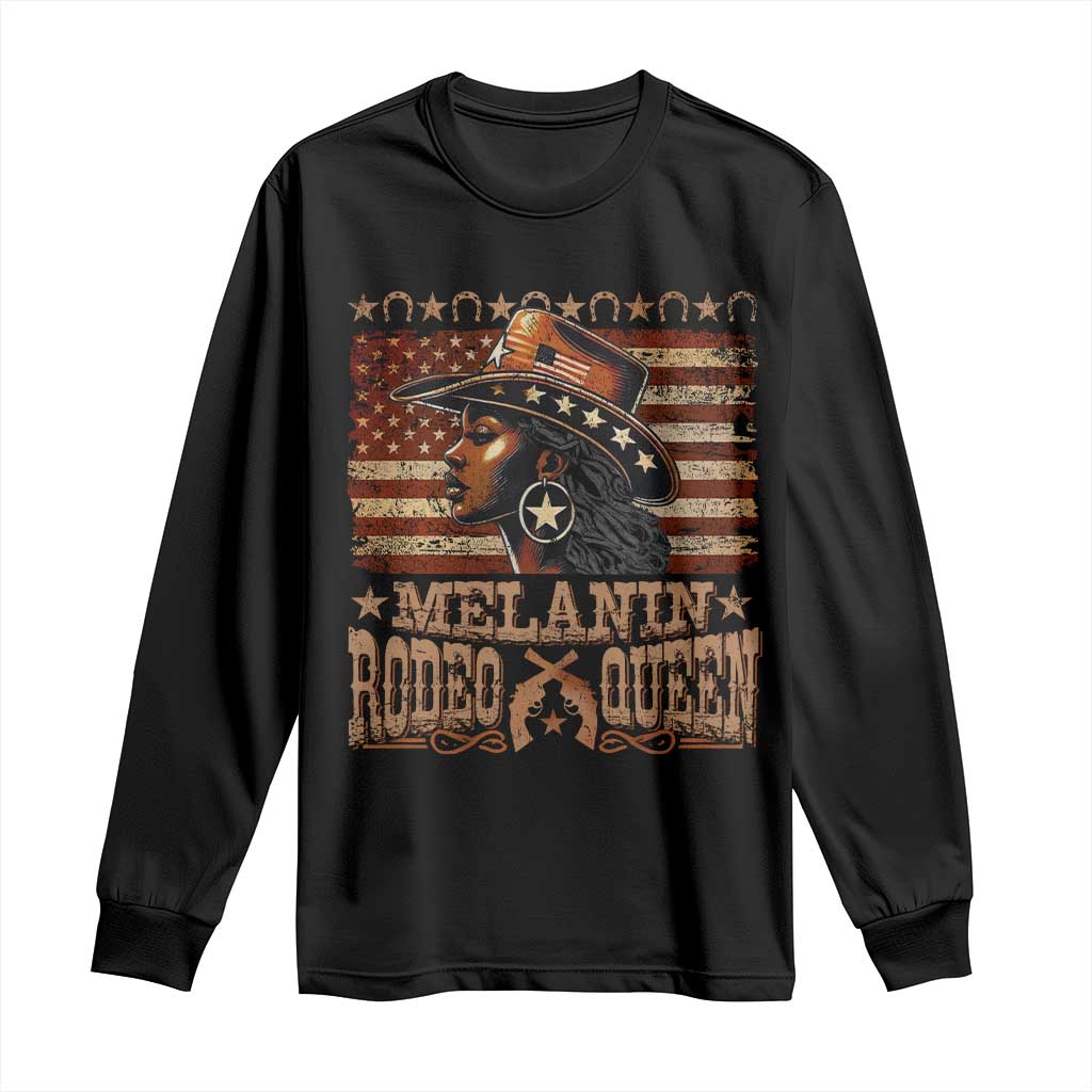 Melanin Rodeo Queen Long Sleeve Shirt Black Cowgirl Vintage American Flag