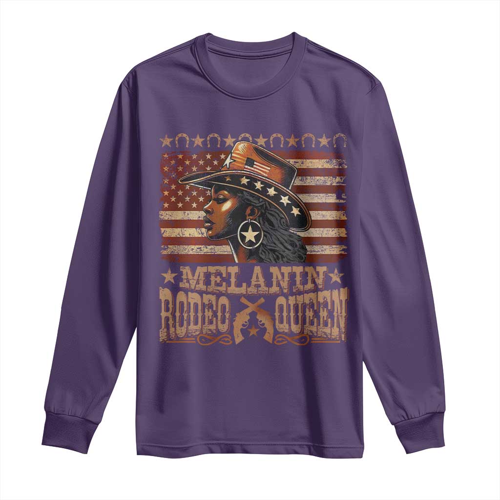 Melanin Rodeo Queen Long Sleeve Shirt Black Cowgirl Vintage American Flag