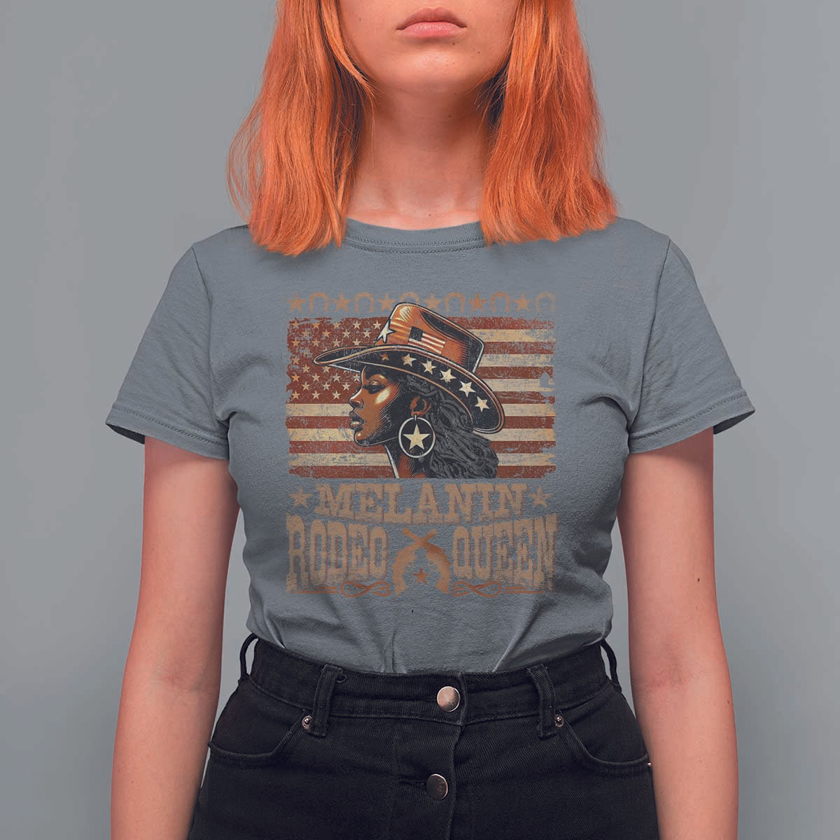 Melanin Rodeo Queen T Shirt For Women Black Cowgirl Vintage American Flag