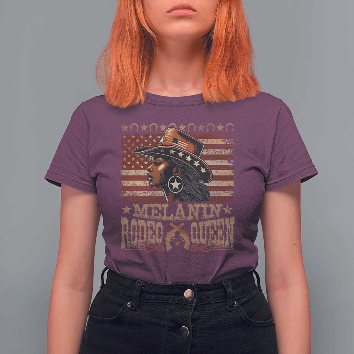 Melanin Rodeo Queen T Shirt For Women Black Cowgirl Vintage American Flag