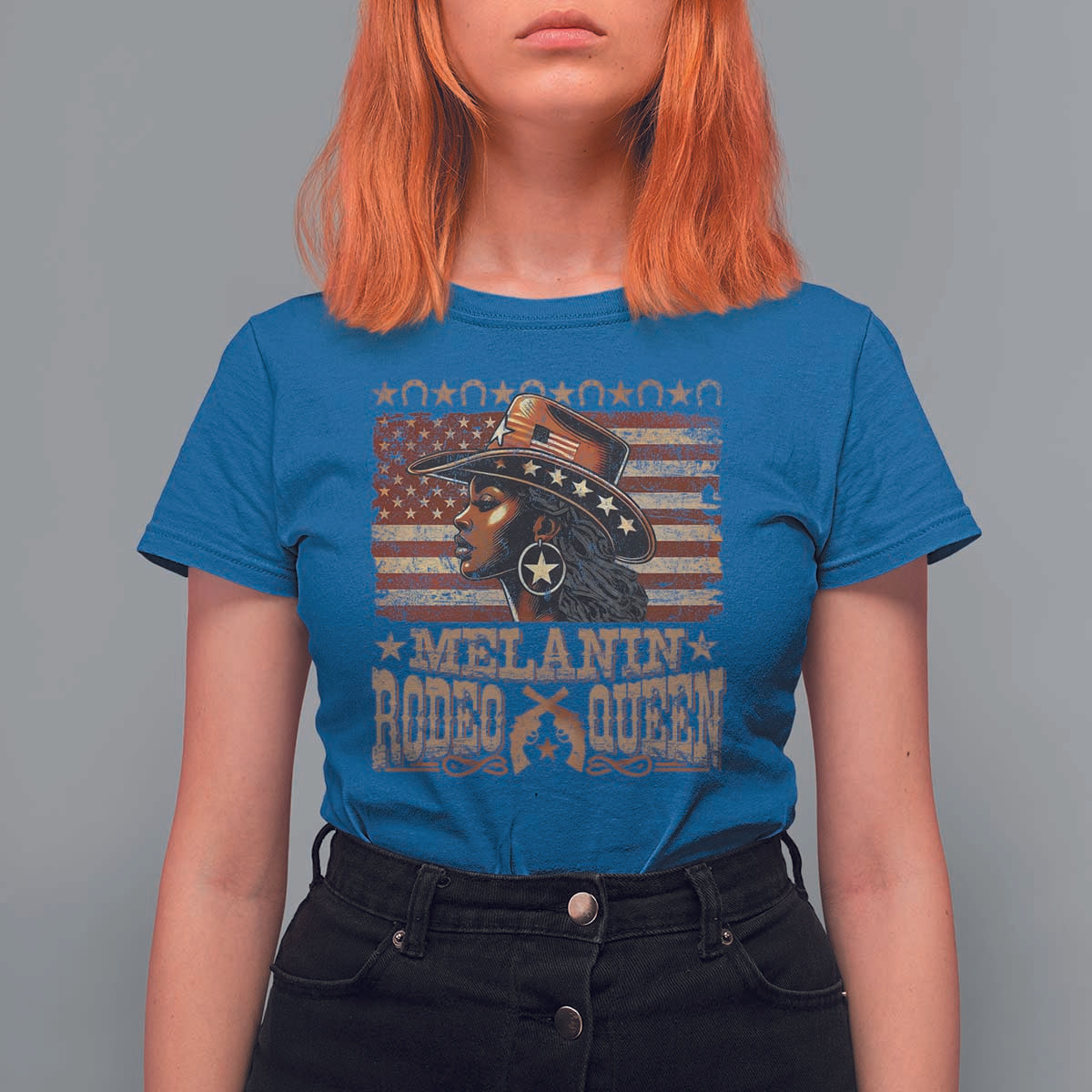 Melanin Rodeo Queen T Shirt For Women Black Cowgirl Vintage American Flag