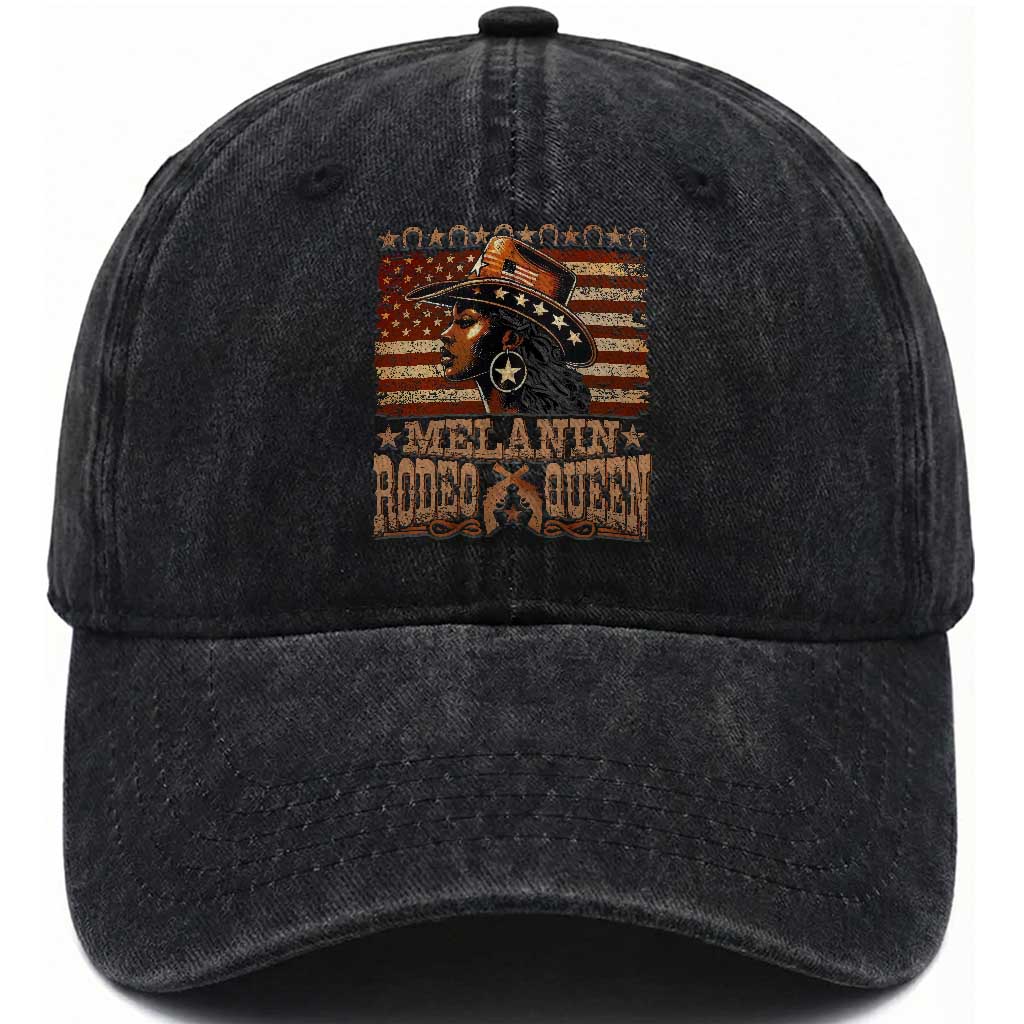 Melanin Rodeo Queen Washed Cotton Baseball Cap Black Cowgirl Vintage American Flag