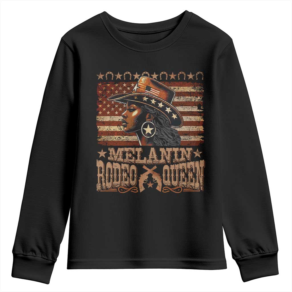 Melanin Rodeo Queen Youth Sweatshirt Black Cowgirl Vintage American Flag