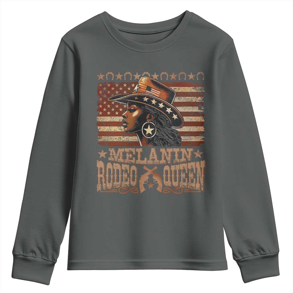 Melanin Rodeo Queen Youth Sweatshirt Black Cowgirl Vintage American Flag