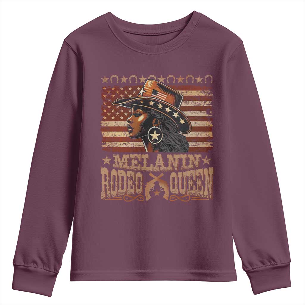 Melanin Rodeo Queen Youth Sweatshirt Black Cowgirl Vintage American Flag