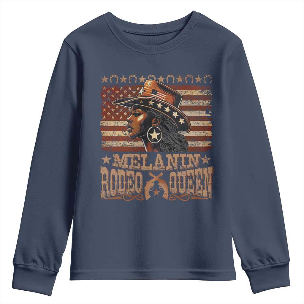 Melanin Rodeo Queen Youth Sweatshirt Black Cowgirl Vintage American Flag