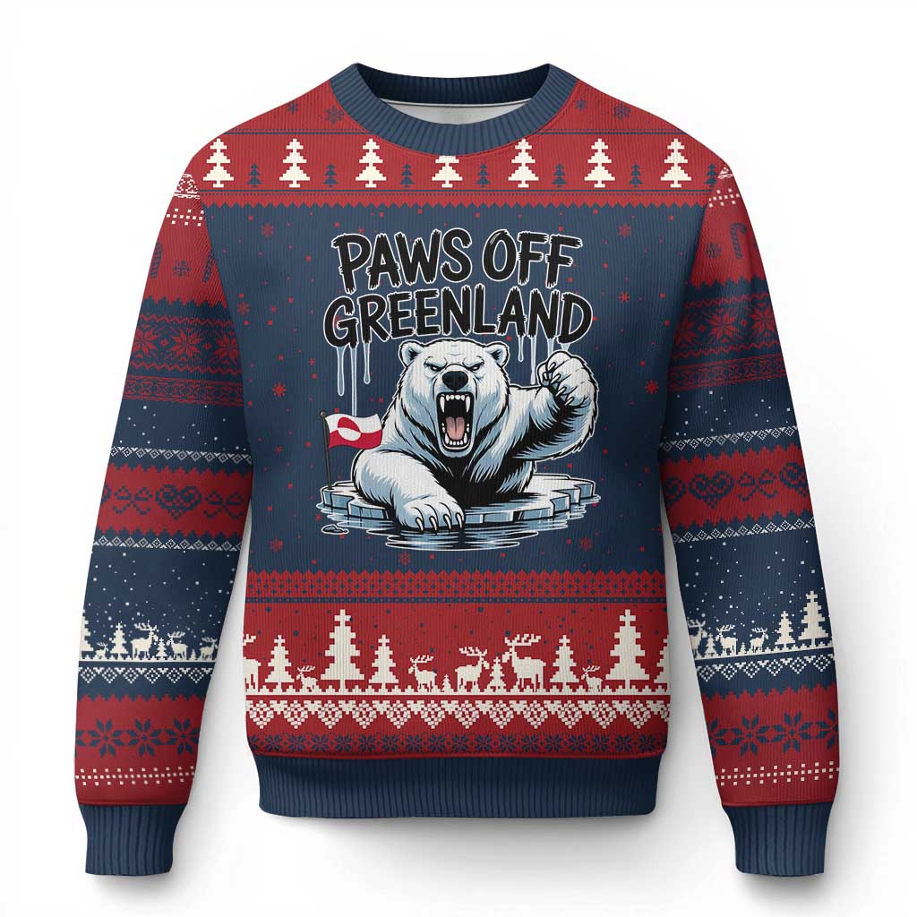 Paws Off Greenland Ugly Christmas Sweater Resist Polar Bear Political Satire
