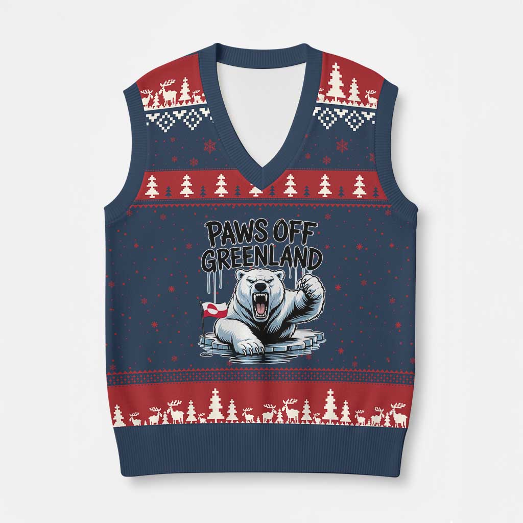 Paws Off Greenland V-Neck Knit Sweater Vest Resist Polar Bear Political Satire