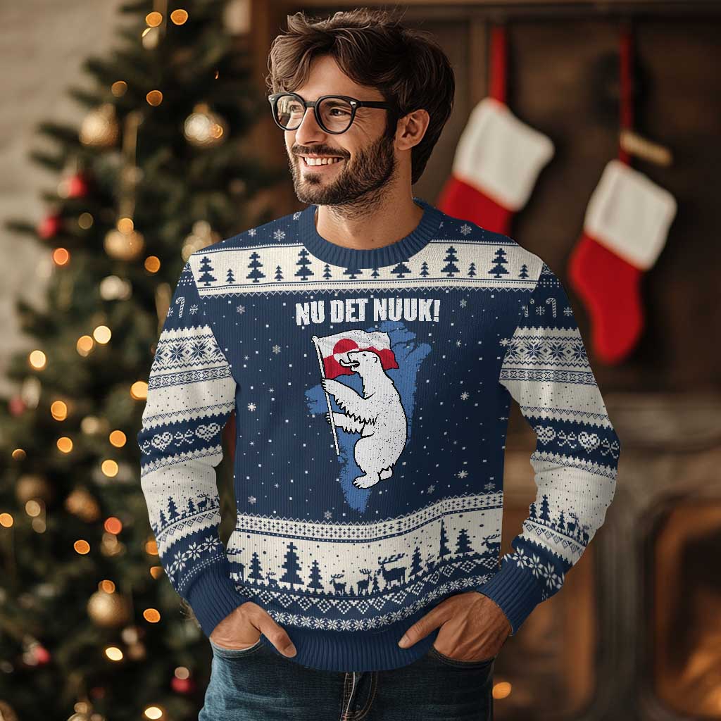 Nu Det Nuuk Nows Enough Ugly Christmas Sweater Funny Saying Bear Greenlandic Flag