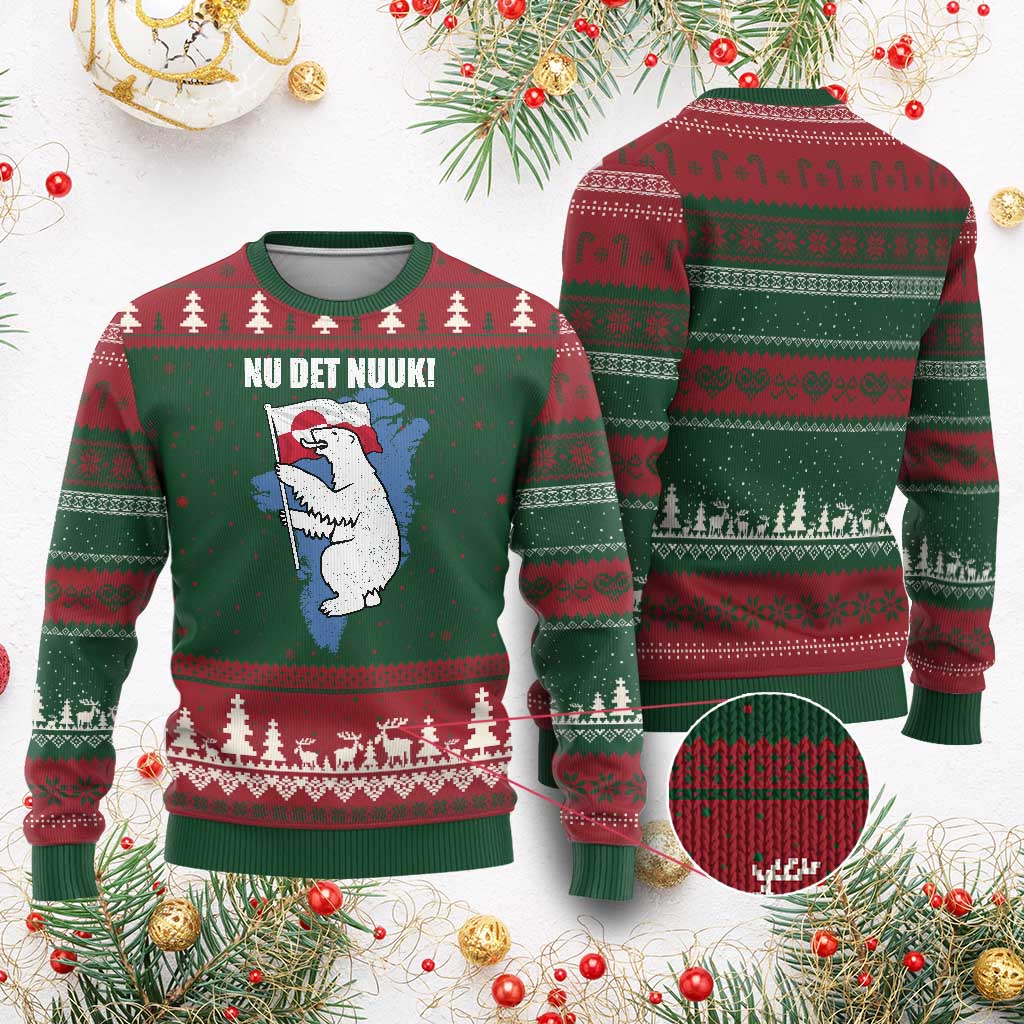Nu Det Nuuk Nows Enough Ugly Christmas Sweater Funny Saying Bear Greenlandic Flag