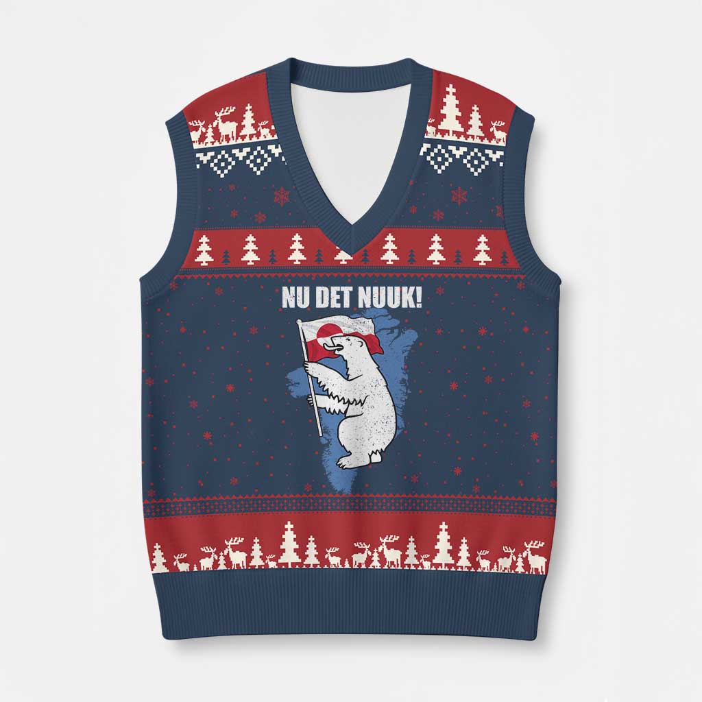 Nu Det Nuuk Nows Enough V-Neck Knit Sweater Vest Funny Saying Bear Greenlandic Flag