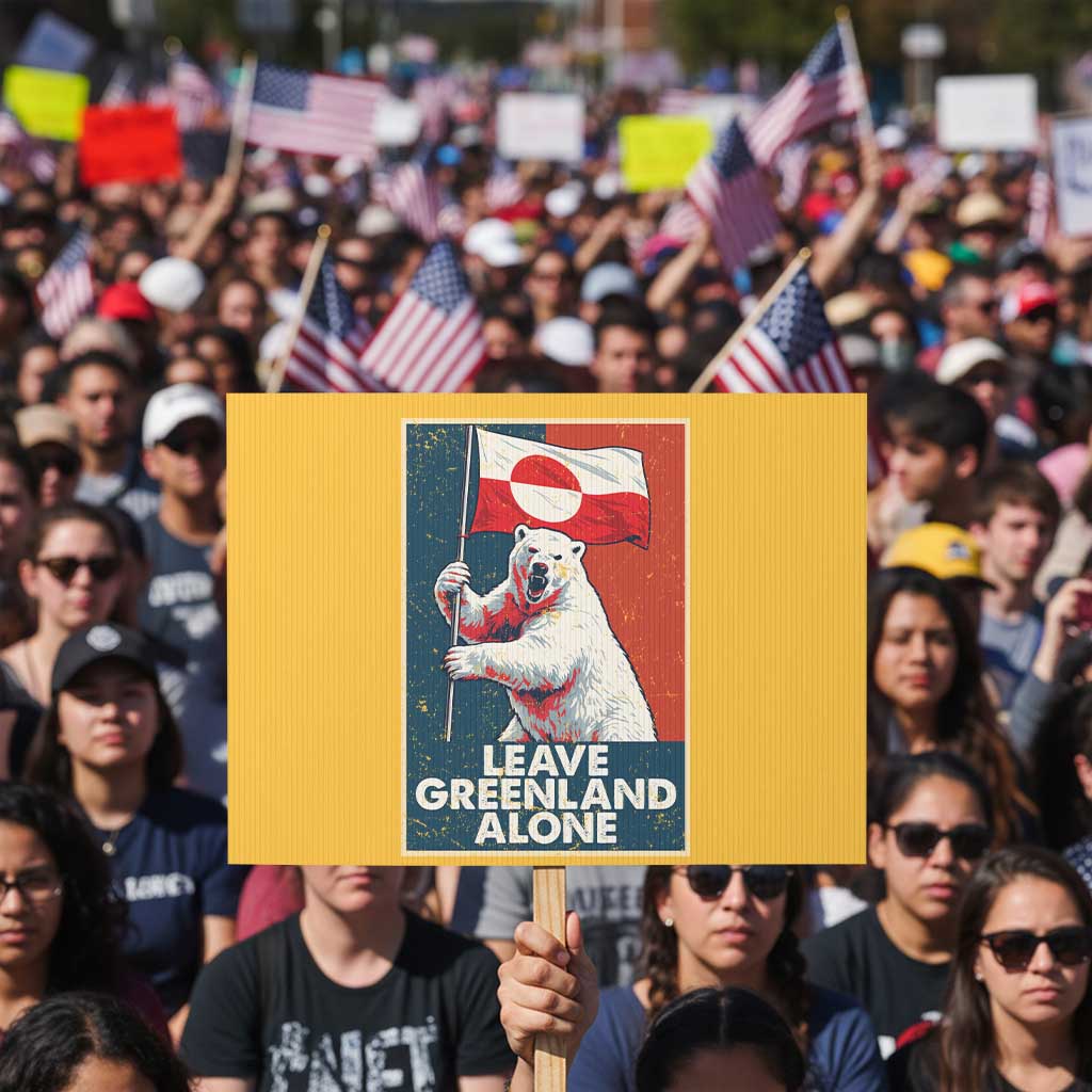Leave Greenland Alone Protest Sign Polar Bear Holding Flag Greenlanders Supports