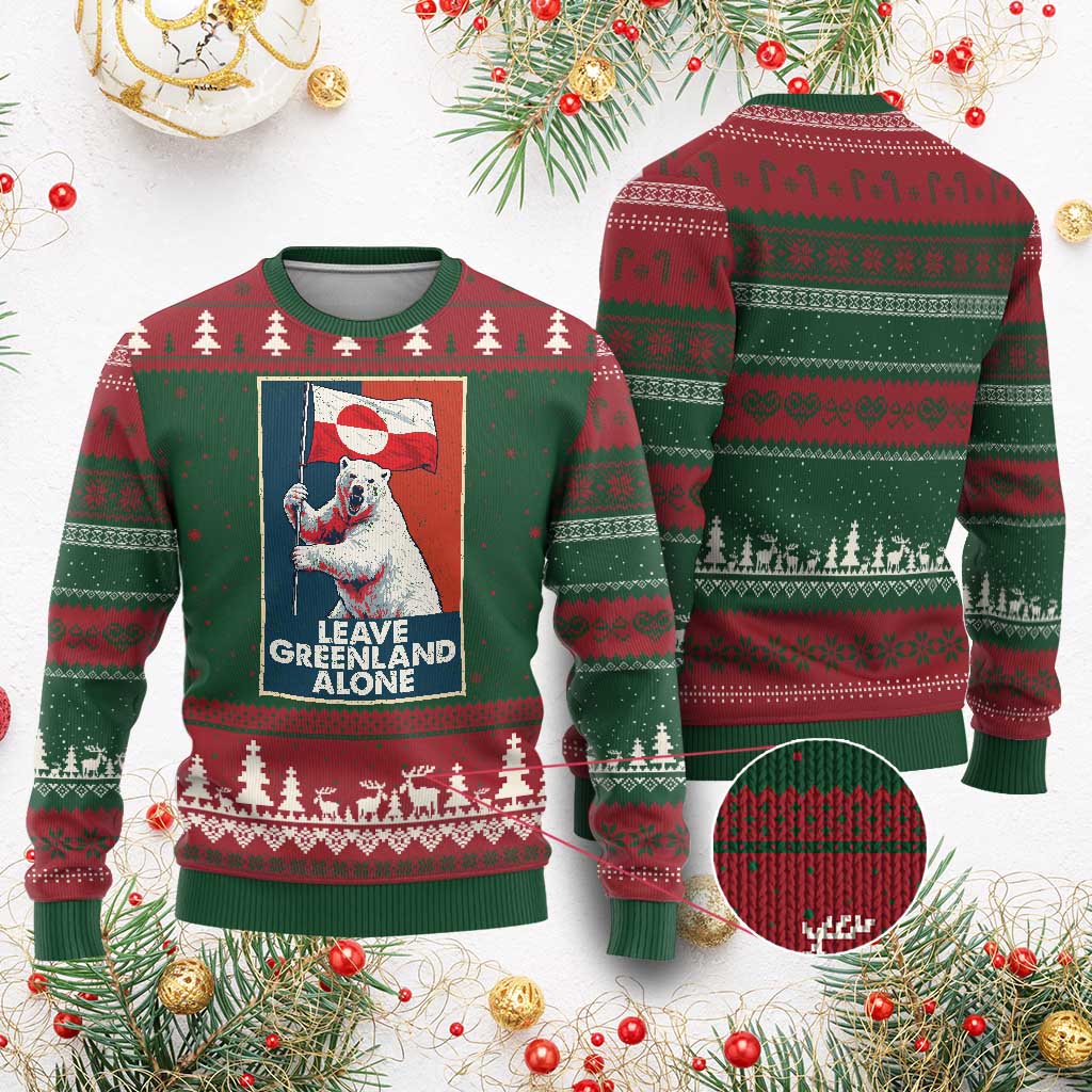 Leave Greenland Alone Ugly Christmas Sweater Polar Bear Holding Flag Greenlanders Supports