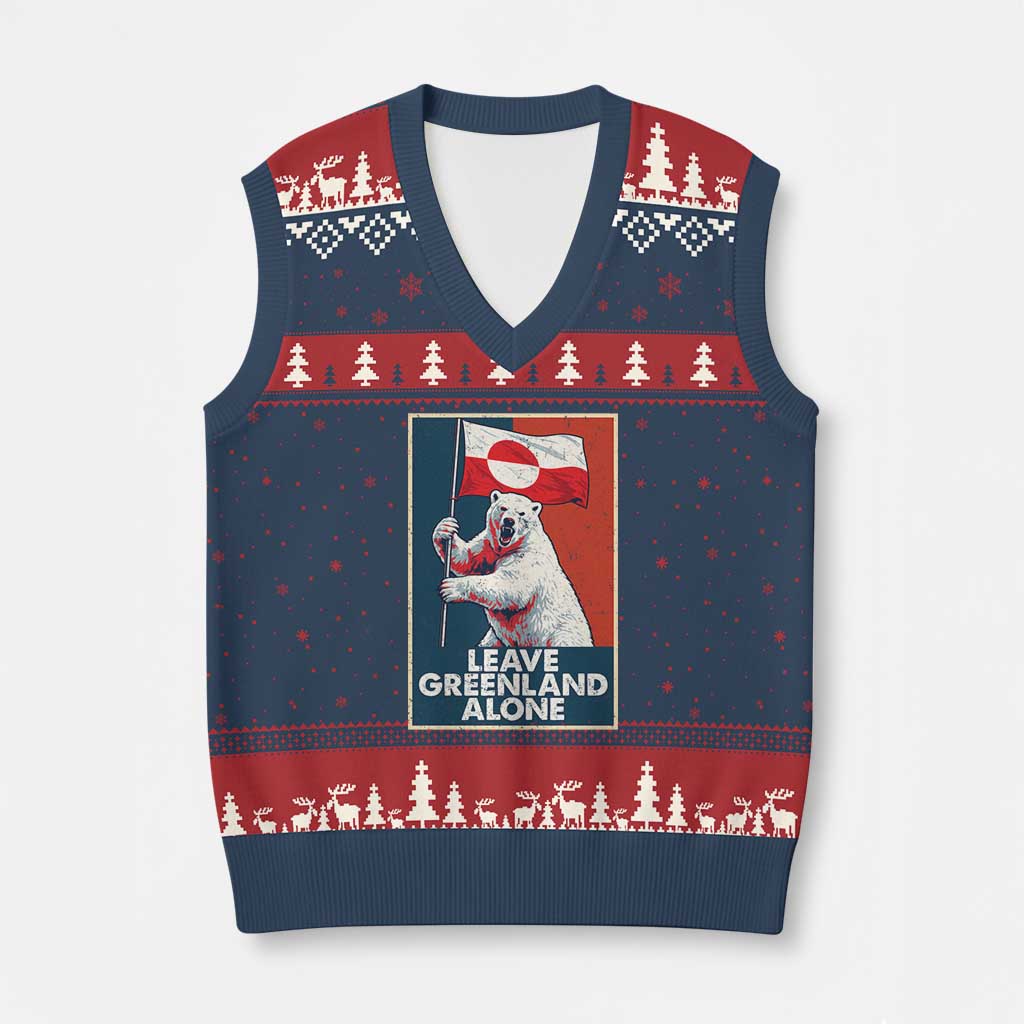 Leave Greenland Alone V-Neck Knit Sweater Vest Polar Bear Holding Flag Greenlanders Supports