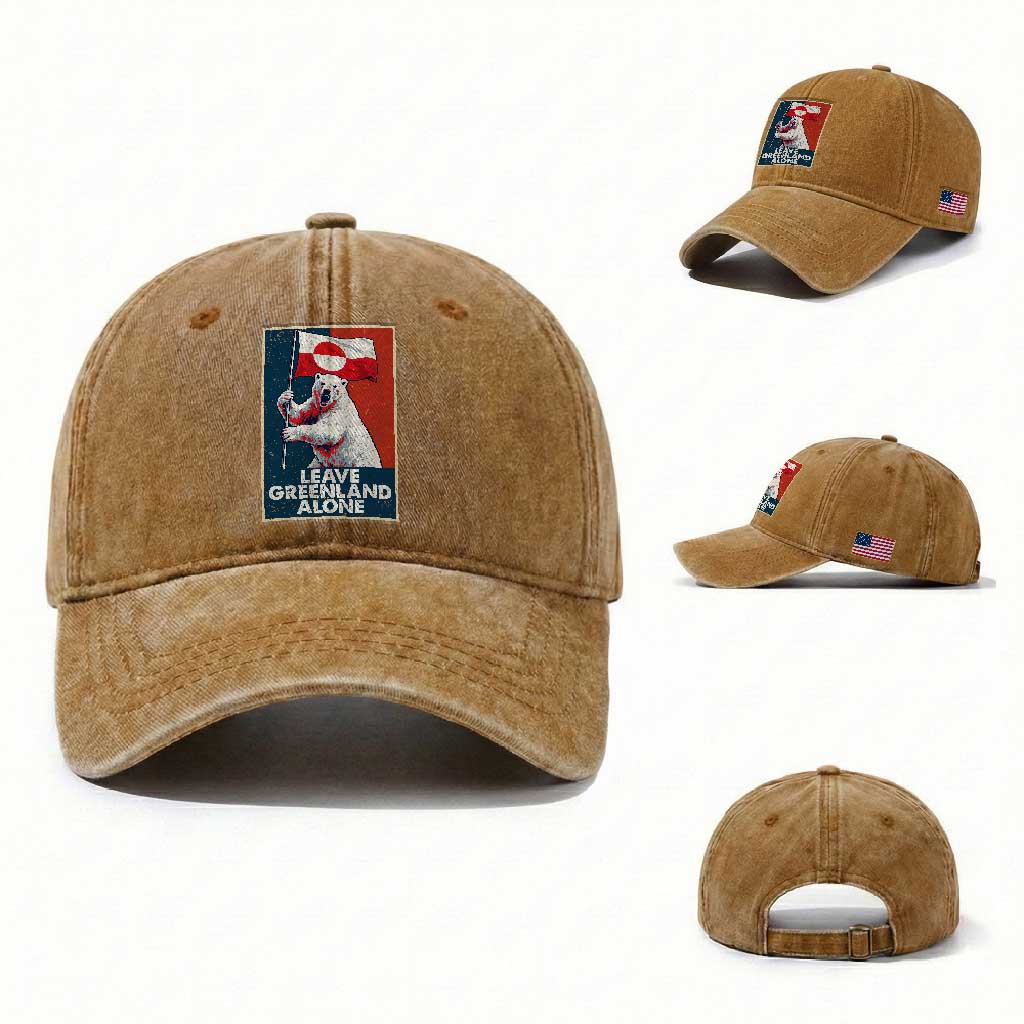 Leave Greenland Alone Washed Cotton Baseball Cap Polar Bear Holding Flag Greenlanders Supports