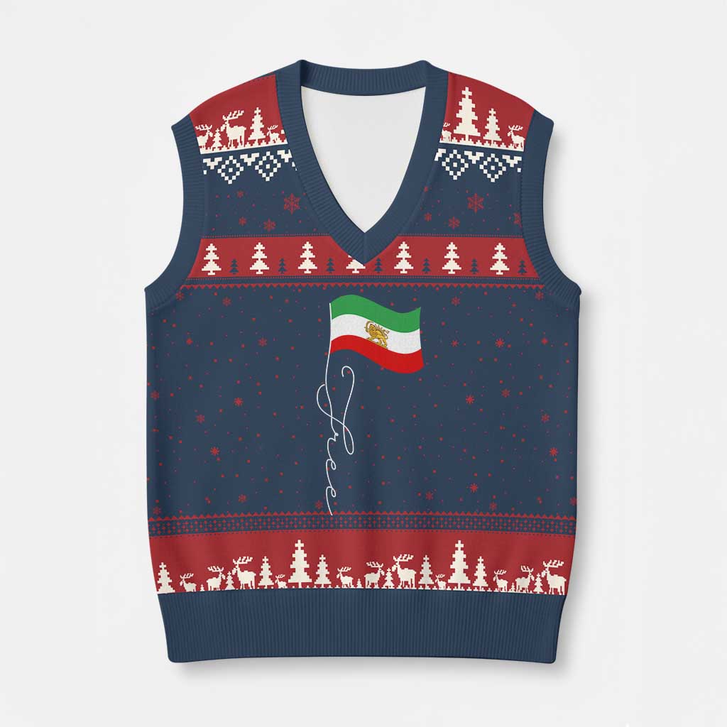 Free Iran V-Neck Knit Sweater Vest Patriotic Iranian Lion and Sun Flag