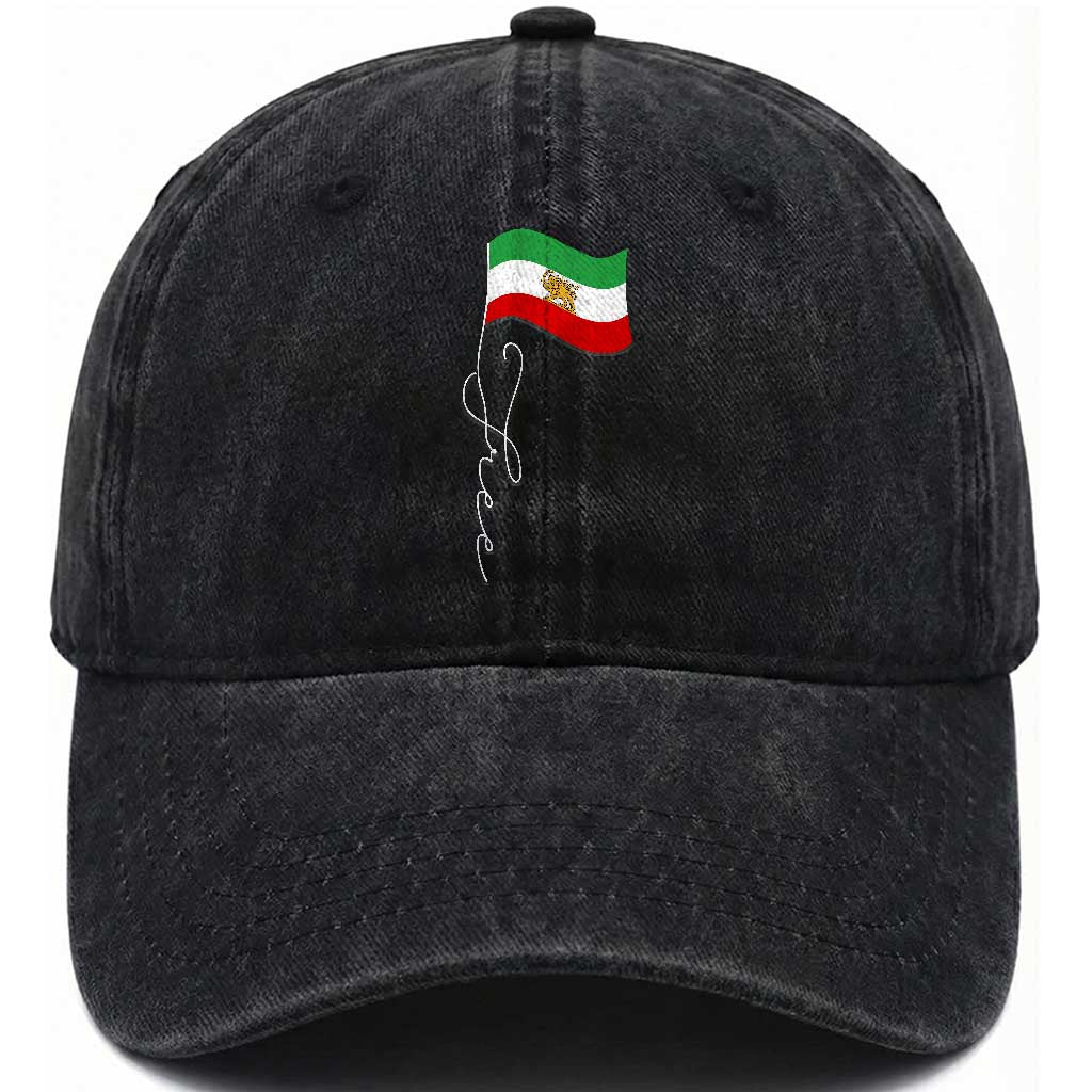 Free Iran Washed Cotton Baseball Cap Patriotic Iranian Lion and Sun Flag