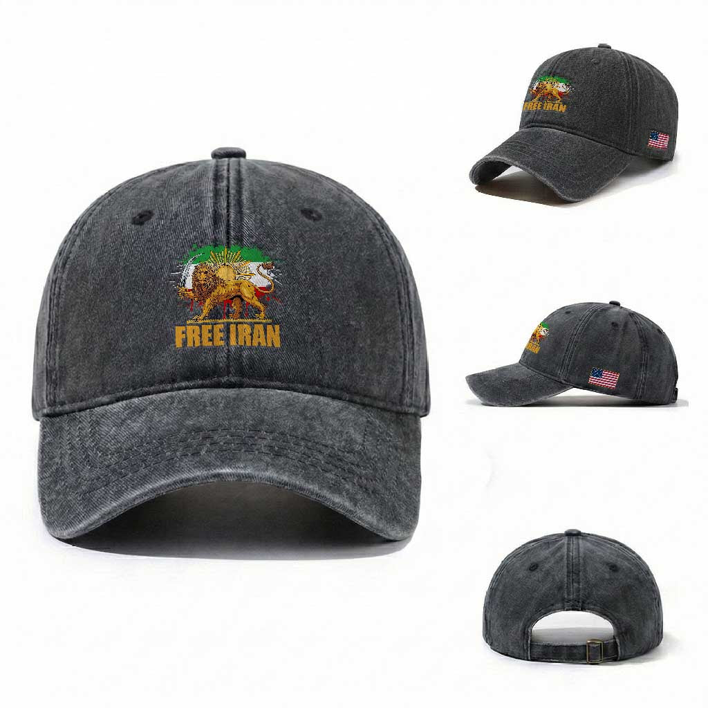 Free Iran Washed Cotton Baseball Cap Iran Flag Lion And Sun Persian Pride Iranian Protests