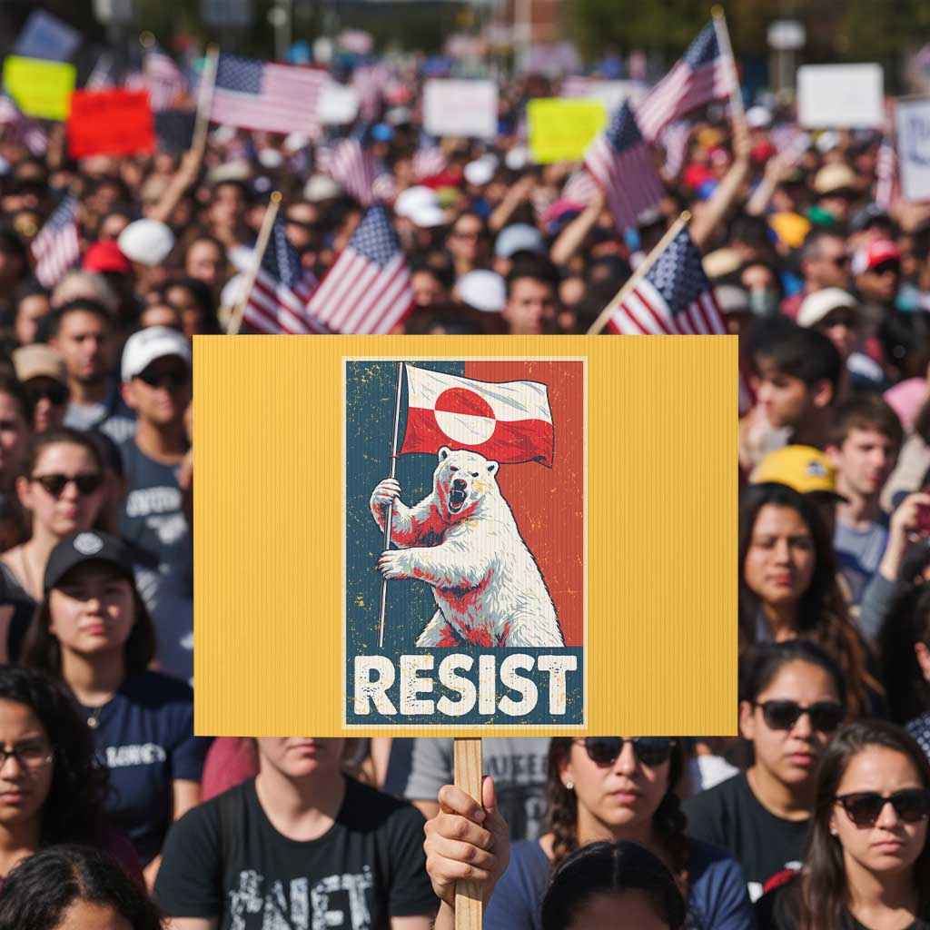 Resist Greenland Polar Bear Holding Flag Art Protest Sign Resistance Political