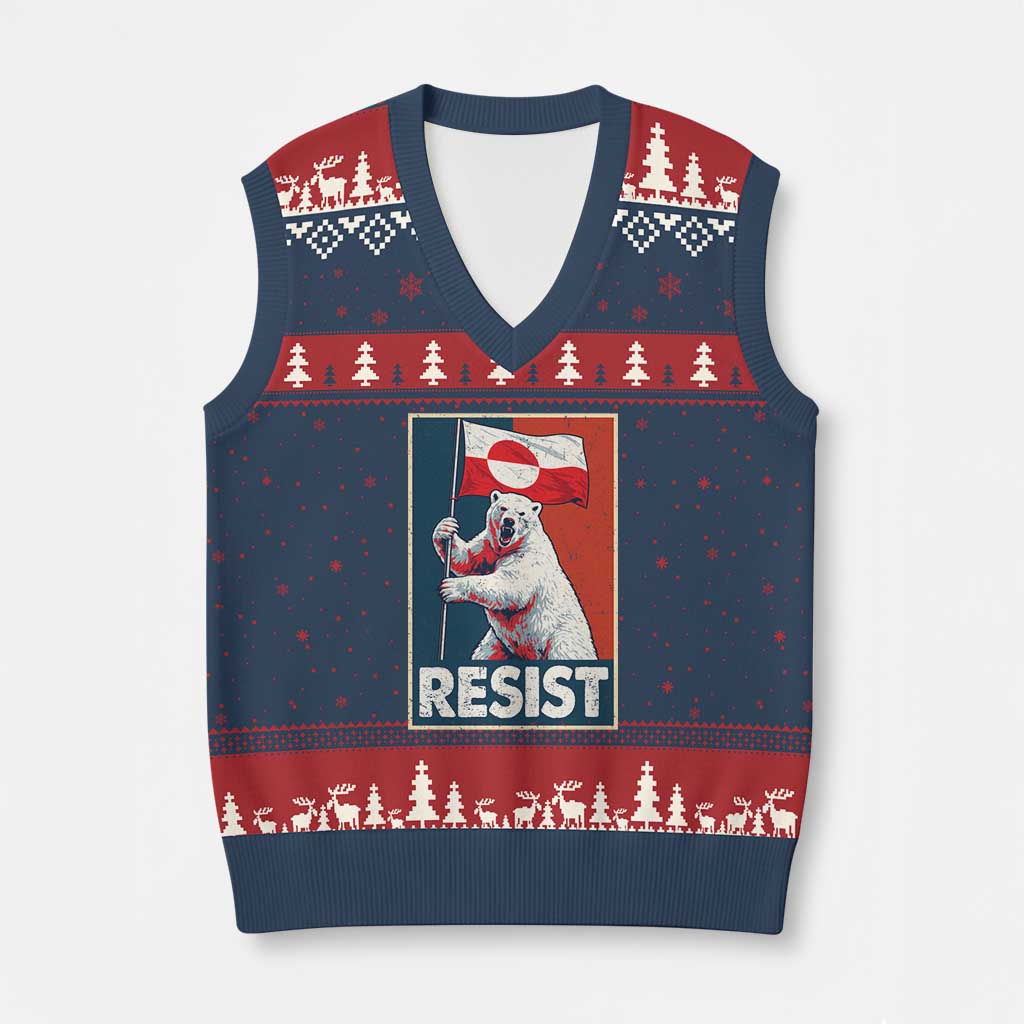 Resist Greenland Polar Bear Holding Flag Art V-Neck Knit Sweater Vest Resistance Political