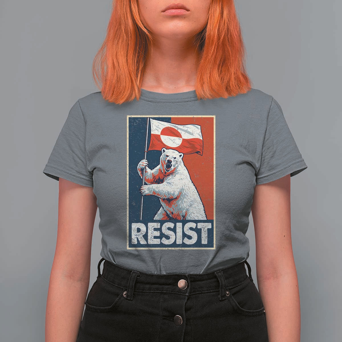 Resist Greenland Polar Bear Holding Flag Art T Shirt For Women Resistance Political