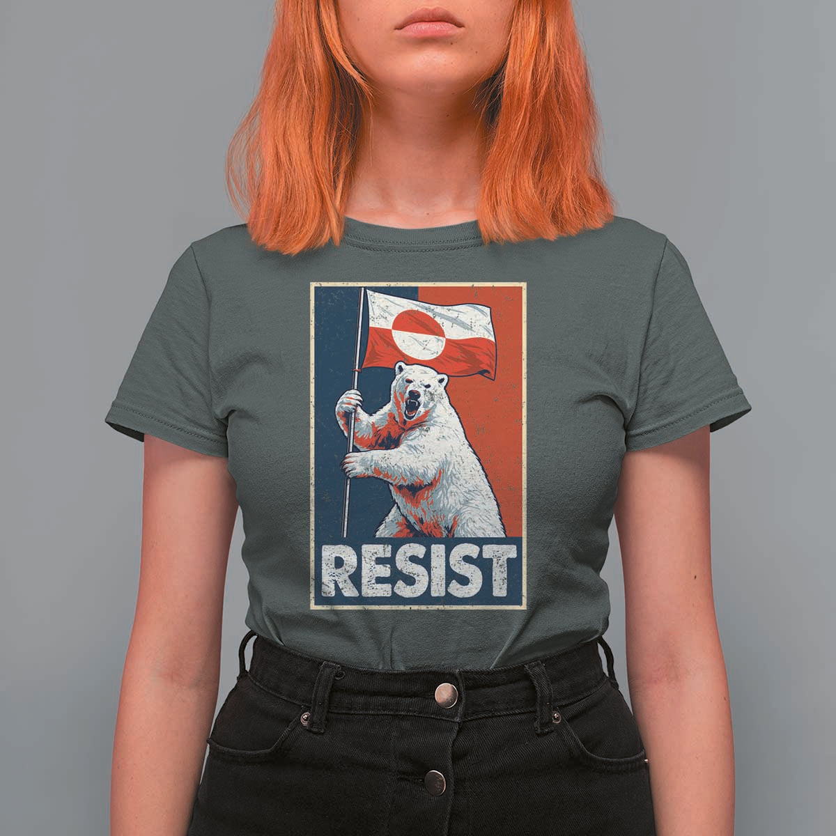Resist Greenland Polar Bear Holding Flag Art T Shirt For Women Resistance Political