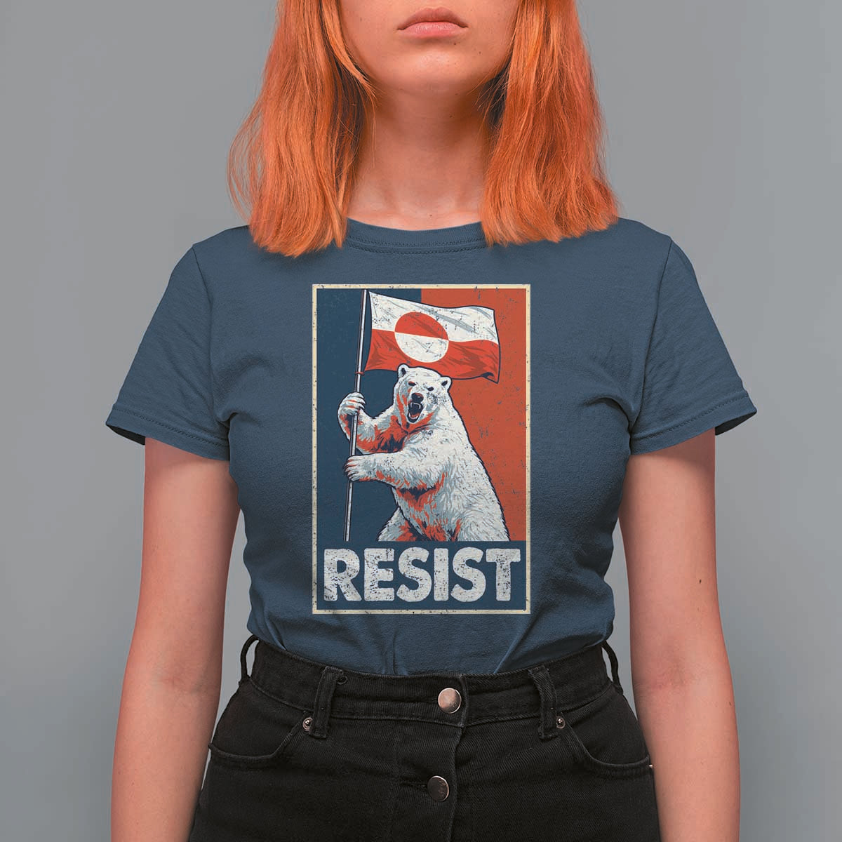 Resist Greenland Polar Bear Holding Flag Art T Shirt For Women Resistance Political