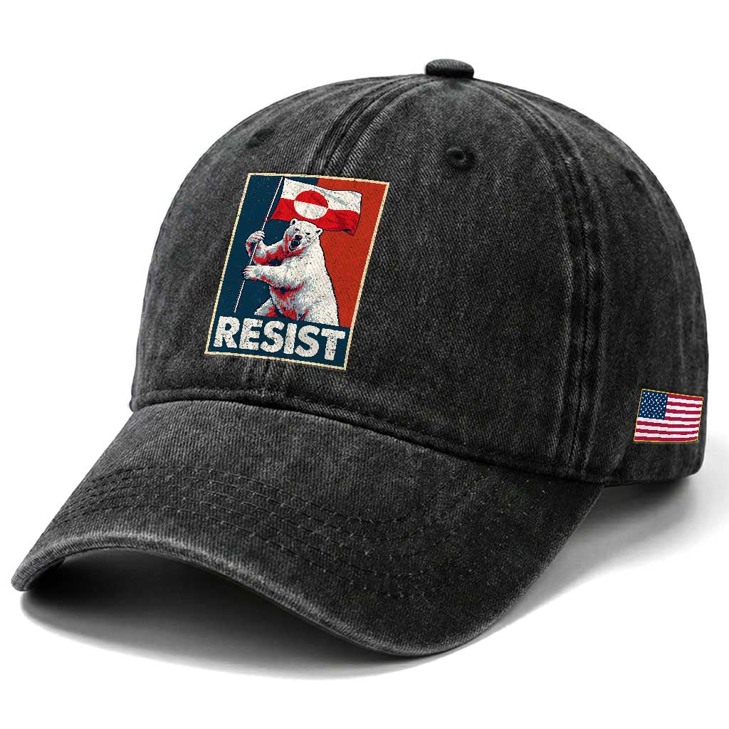 Resist Greenland Polar Bear Holding Flag Art Washed Cotton Baseball Cap Resistance Political