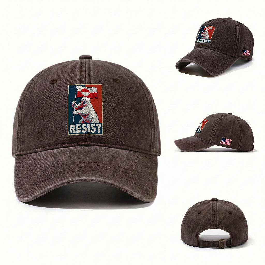 Resist Greenland Polar Bear Holding Flag Art Washed Cotton Baseball Cap Resistance Political