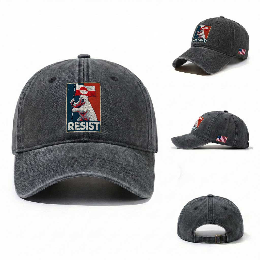 Resist Greenland Polar Bear Holding Flag Art Washed Cotton Baseball Cap Resistance Political