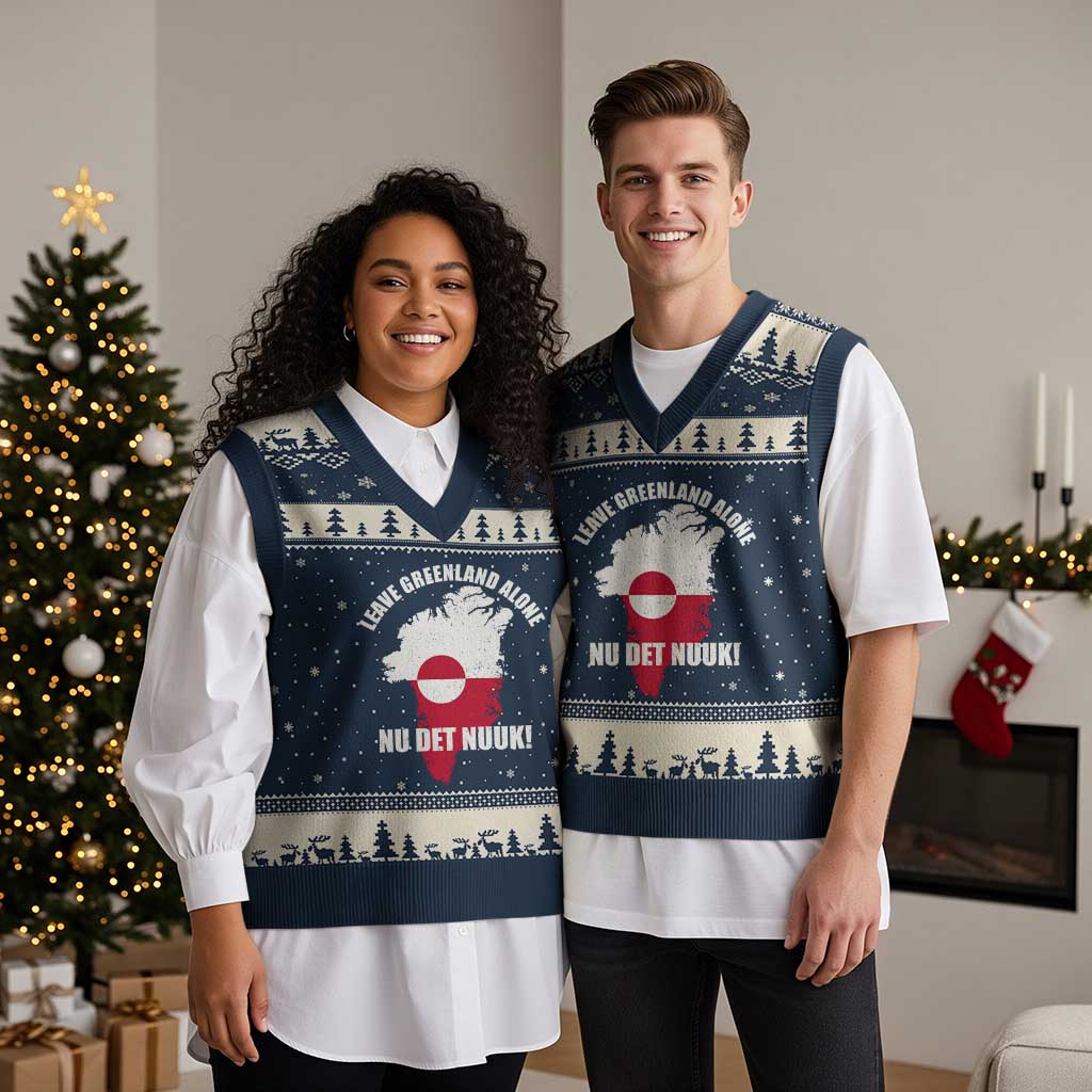 Nu Det Nuuk Leave Greenland Alone V-Neck Knit Sweater Vest Political Statement Greenland Policy