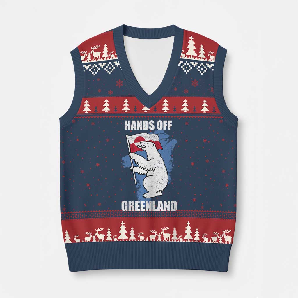 Hands Off Greenland Protest V-Neck Knit Sweater Vest Support Greenland Bear Holding Flag